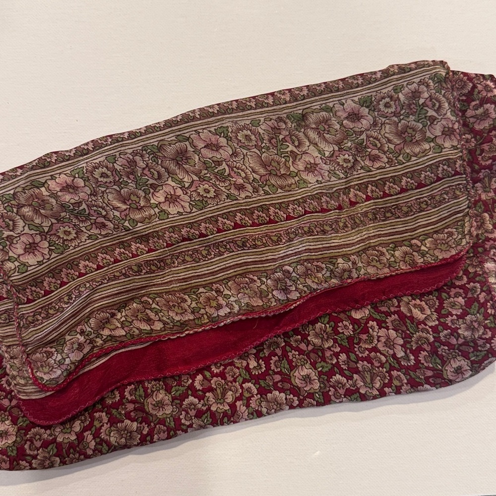 Floral Patterned Red and Pink Silk Scarf